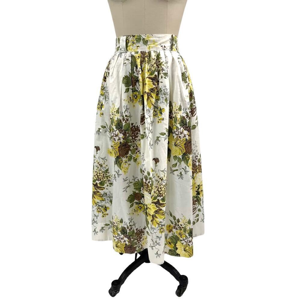 50s VTG White Cotton Floral Skirt Yel/Brw/Green Pleated Metal Zipper Belt Loops - Picture 2 of 5